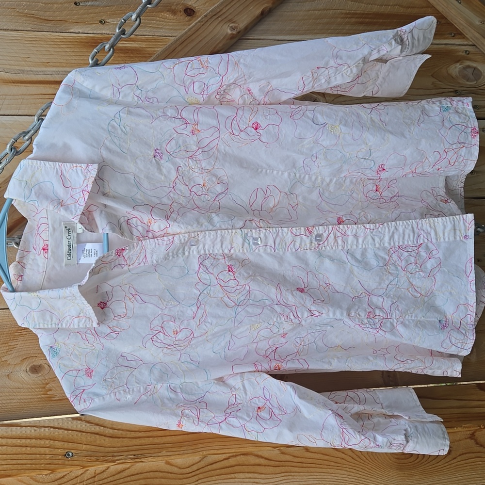 Coldwater Creek, classic white cotton, floral embroidered, 3/4 sleeve blouse